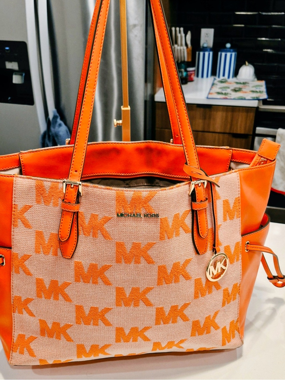 MICHAEL KORS Orange MK Logo Canvas Tote with Leather Trim